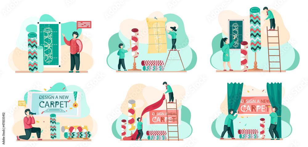 Manufacture of carpets scenes set. Men are working on design of new carpet, interior shop or exhibition. People stand holding textile product design template, photographing rugs for advertising