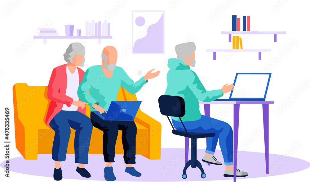 Elderly people and modern digital technology pensioners men sit at computer studying on courses with coach. Concept of remote work from home, distance learning for retired people with laptop Elderly people and modern digital technology pensioners men sit at computer studying on courses with coach. Concept of remote work from home, distance learning for retired people with laptop