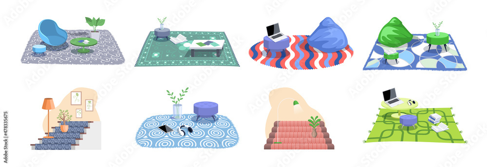 Obraz premium Cartoon living room with furniture, carpet and computer. Interior with pouf, table, laptop and books, place to relax on rug, indoor area design. Modern apartment hall with tapis on floor scenes set