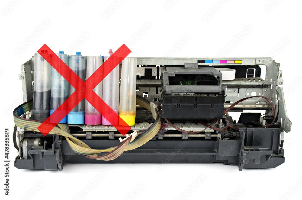Broken Printer and wrong mark isolated on white background.Concept print head is clogged because printer Ink cartridge fake. Broken Printer and wrong mark isolated on white background.Concept print head is clogged because printer Ink cartridge fake.