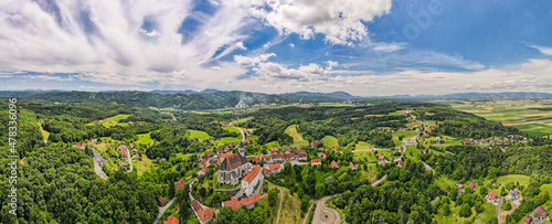Aerial Panoramic View on Ptujska Gora Church and Slovenia Countryside photo