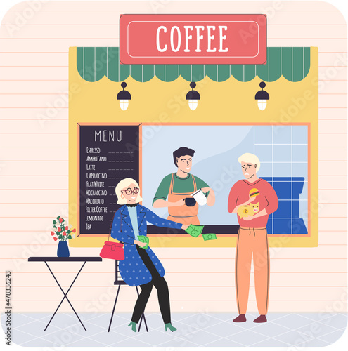 Coffee shop street cafe with menu board. Cozy terrace with table, place to rest and drink hot tea. Family business cute coffee market. Rich happy woman gives money to poor guy puts coins in piggy bank