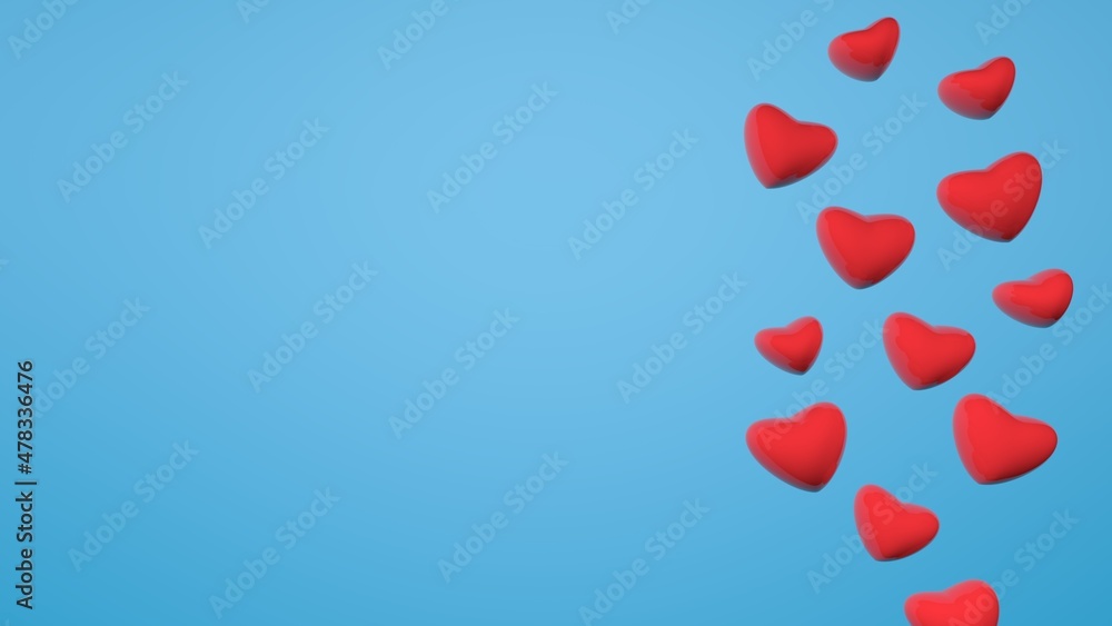 Valentine's day banner background. Red 3d hearts on a blank blue backdrop. Copy space for text