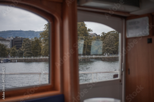 The interior of a ship on Lake Geneva.