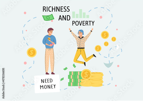 Richness and poverty concept. Happy jumping rich man rejoices in prosperity and sad poor unemployed guy need money. Economic and social condition of people. Financial superiority, wealth and poorness