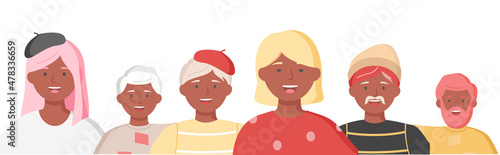 Multiethnic group of people standing together community and togetherness concept, diversity portrait. Characters men and women isolated on white. Crowd community. Social diversity friends or relatives
