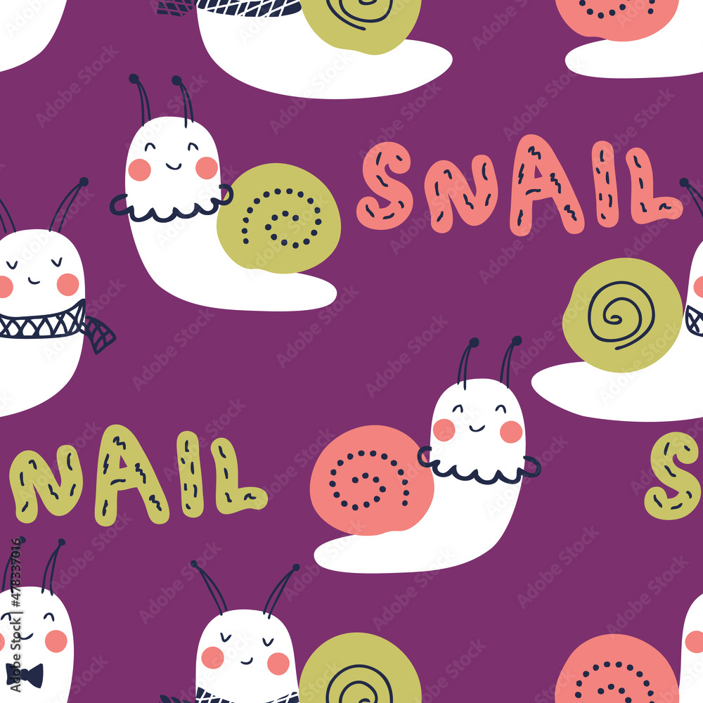 Hand drawn seamless pattern with snails and text. Perfect for T-shirt, greeting card, poster, textile and print. Doodle vector illustration for decor and design.
Hand drawn seamless pattern with snails and text. Perfect for T-shirt, greeting card, poster, textile and print. Doodle vector illustration for decor and design.