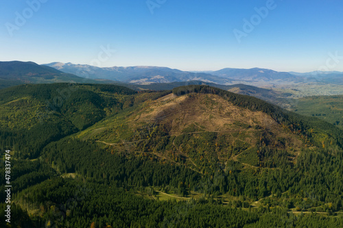 Beautiful mountains covered with forest on sunny day. Drone photography