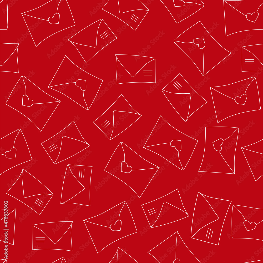 Vector. Cute seamless pattern of love with envelopes, mail, on a red background. Doodle illustration in cartoon style. Valentine's Day design for print and textile, wallpaper, wrapping paper. Vector. Cute seamless pattern of love with envelopes, mail, on a red background. Doodle illustration in cartoon style. Valentine's Day design for print and textile, wallpaper, wrapping paper.