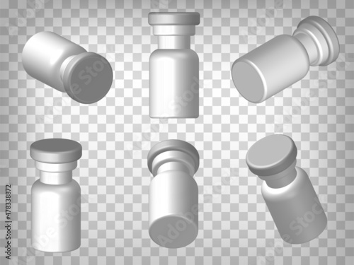 Set of perspective projections 3d ampoule model icons on transparent background.  3d Set of closed ampoules. Graphic elements for your web site design, app, UI. EPS 10