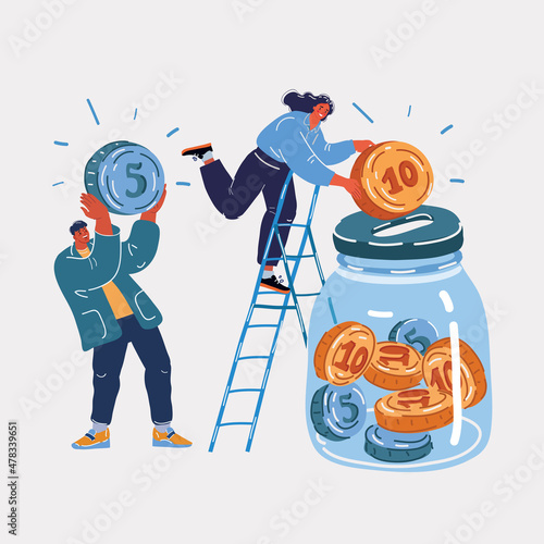 Vector illustration of Savings Concept. Tiny man and woman with Huge glass jar Bank. Golden Coins Collect Money, Bank Deposit, Family Finance. Family Budget economy.