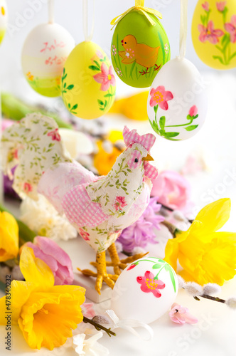 Easter Decoration with Easter eggs, flowers and hand made toys