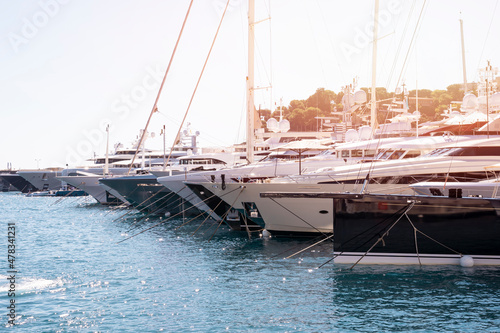 Super yachts moored in Monaco harbour  on Monaco yacht show