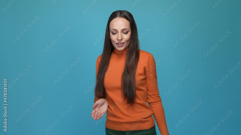 Stylish trendy lady make hands heart air kiss isolated blue color background Stylish trendy lady make hands heart air kiss isolated blue color background