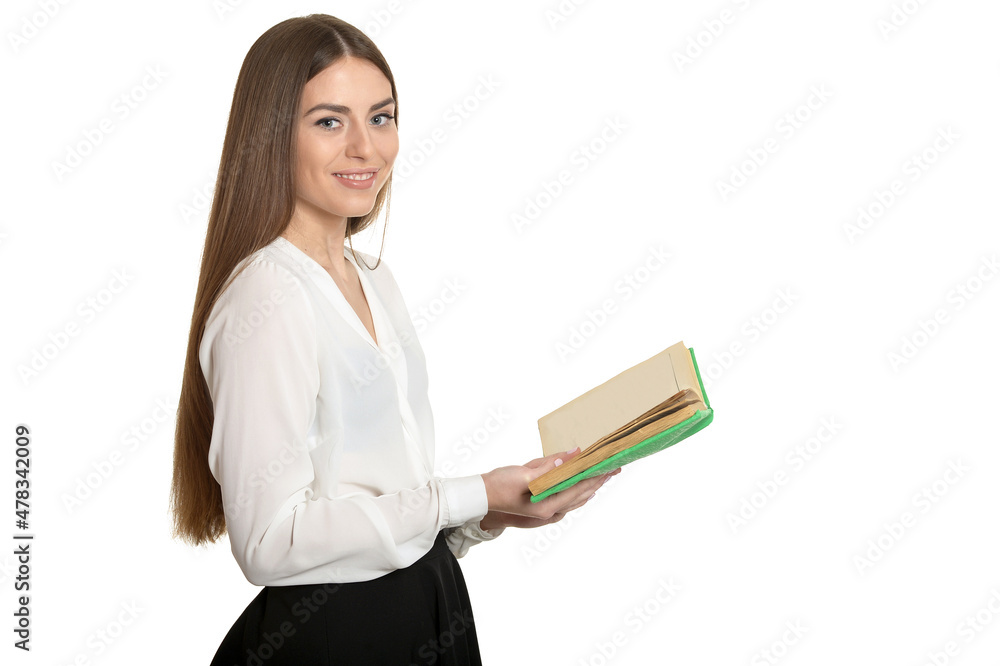 Beautiful woman with book isolated on white background Beautiful woman with book isolated on white background