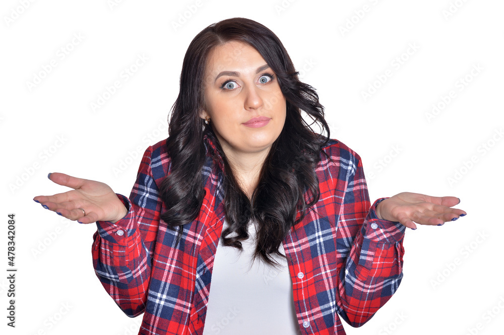 Portrait of beautiful surprised woman isolated on white background