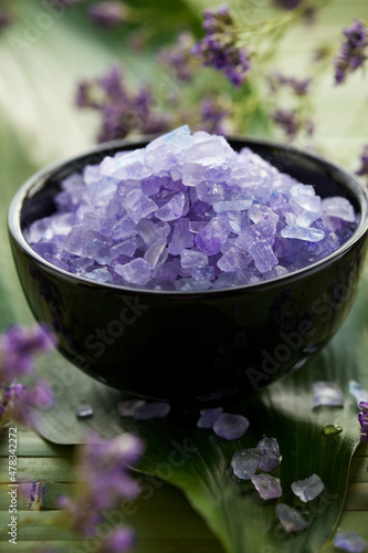 Lavender Spa Salt. Spa Beauty concept. Sea Mineral Bath Salt and flowers