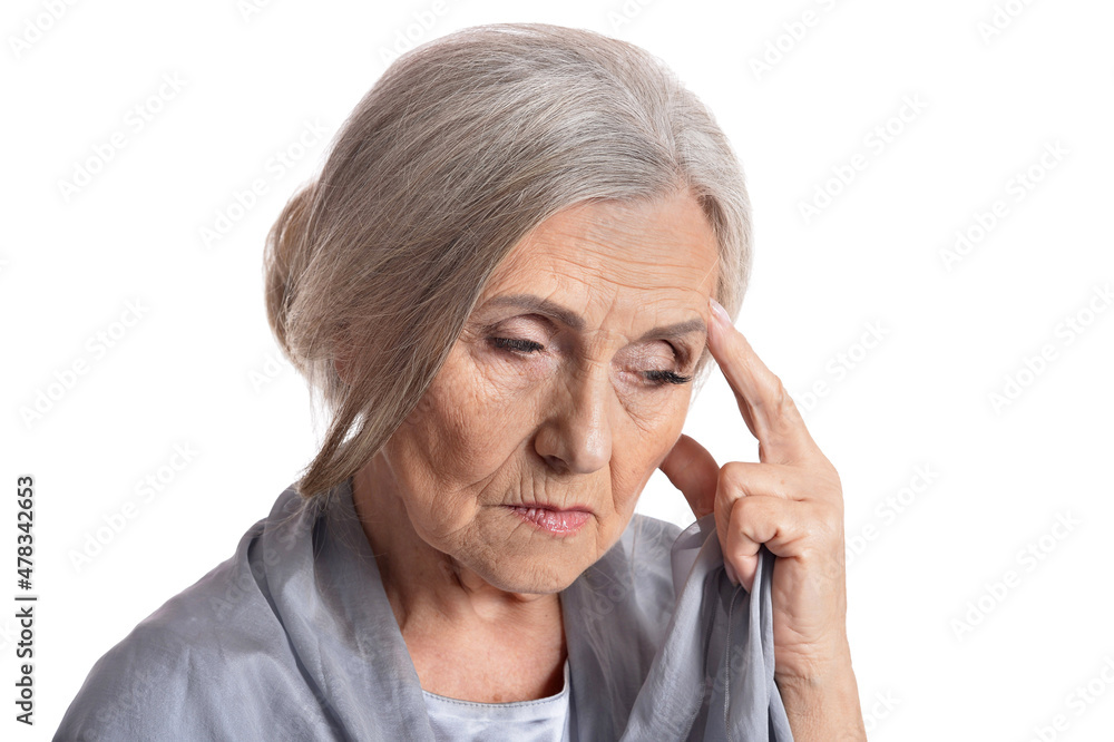 Portrait of sad senior woman posing isolated on white background Portrait of sad senior woman posing isolated on white background