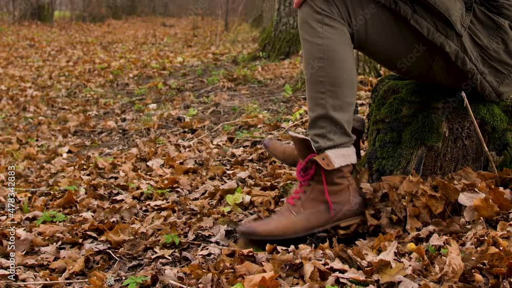 Unrecognizable man sits down on mossy stump in the forest to tie up his loose shoes. Outdoors activity in autumn concept. Unrecognizable man sits down on mossy stump in the forest to tie up his loose shoes. Outdoors activity in autumn concept.