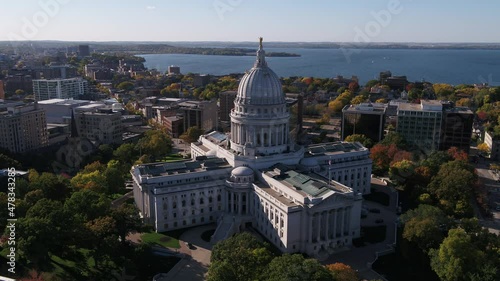 Wisconsin State Capitol Building Surrounded by Autumn Colors in Madison, Wisconsin (Drone - Right to Left) photo