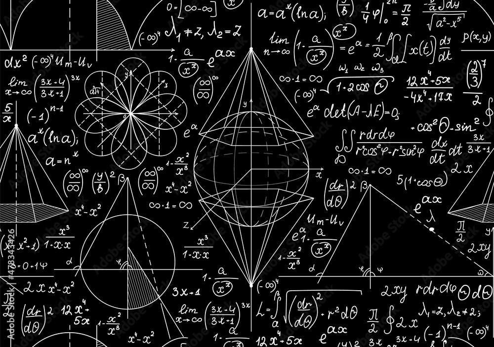 Math and physics vector seamless pattern with many handwritten formulas ...