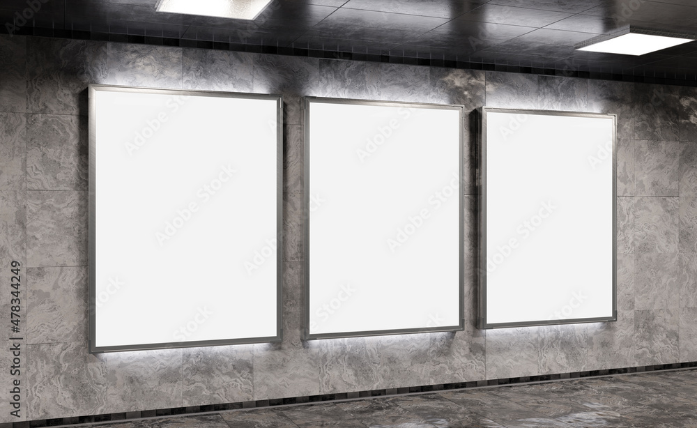 Fototapeta premium Three blank billboards on underground subway wall Mockup. Hoardings advertising triptych on train station interior 3D rendering