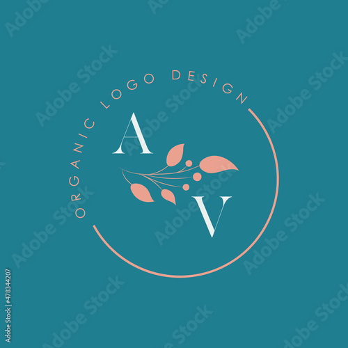 AV or A V organic letter logo design on a circle shape frame with botanical flower elements, vector illustration. Natural pastel icon.