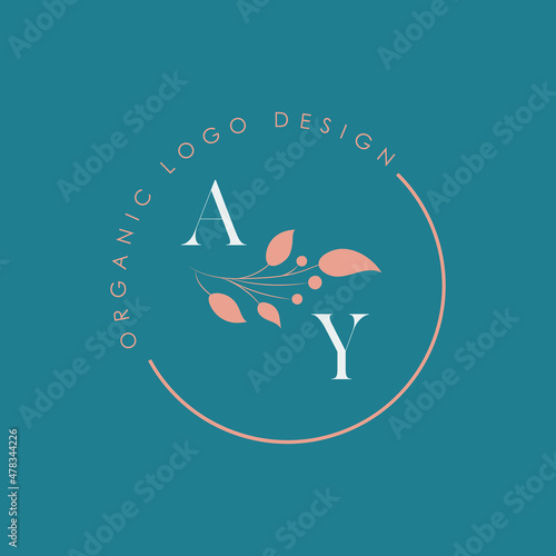 AY or A Y organic letter logo design on a circle shape frame with botanical flower elements, vector illustration. Natural pastel icon.