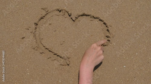 Happy tourist woman draw heart on wet sand using pointer finger, top-down view. Tourist enjoy carefree holidays at exotic island of Thailand photo