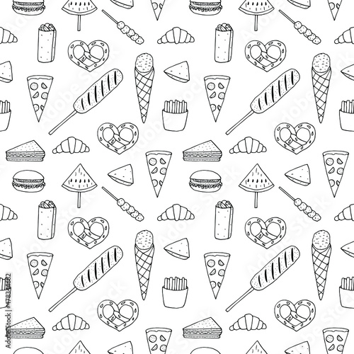 Street food seamless pattern vector illustration, hand drawing doodle
