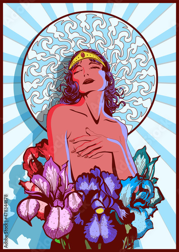 Beautiful Woman and Iris Flowers Romantic Poster