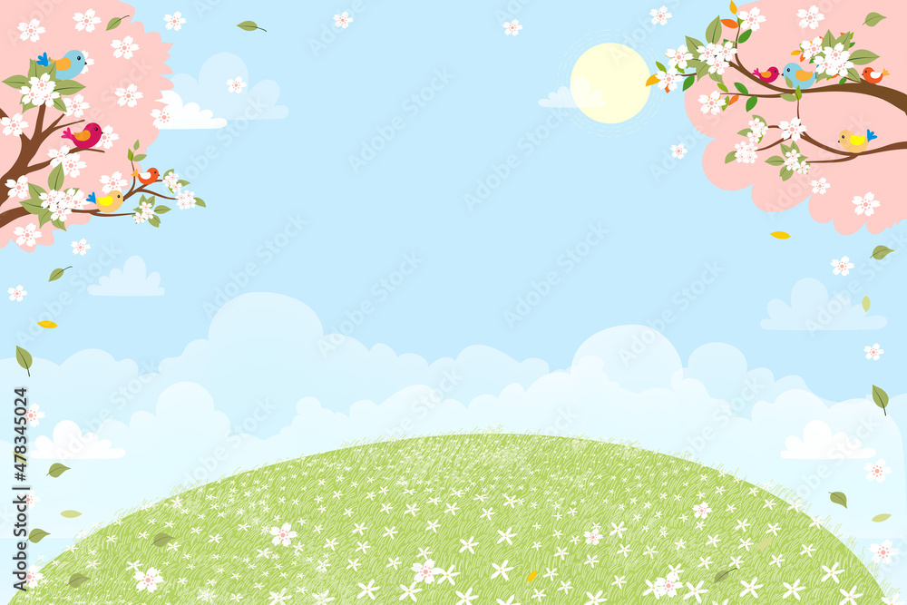 Spring landscape green field with cherry blossom frame,Vector cartoon Summer scene with bird on white Sakura branches and daisy field.Cute banner for Hello Spring or Easter background