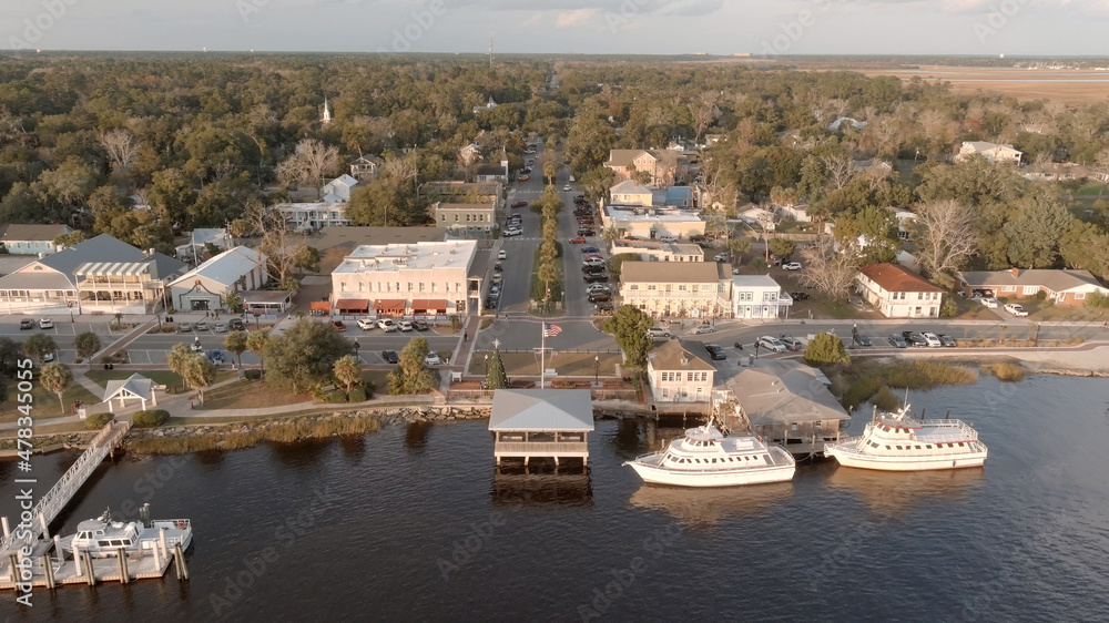 Aerial view of downtown St Marys, Georgia and the St Marys River at sunset.