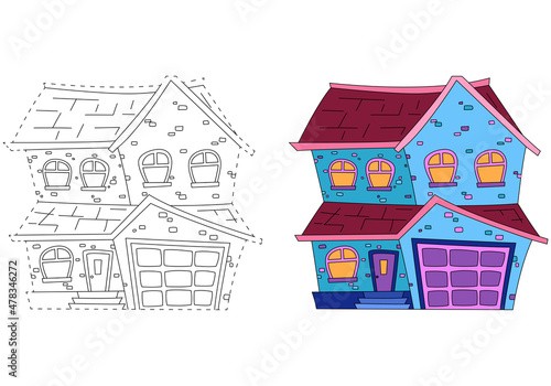 Cozy house with a garage. Coloring book for children. Practice of handwriting. Education Development Worksheet.