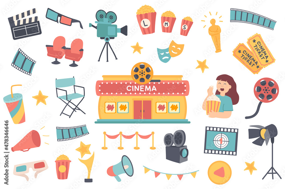 Cinema isolated objects set. Collection of clapper, 3d glasses, camera, popcorn, oscar statuette, tickets, spectator, festival cinematography. Illustration of design elements in flat cartoon Cinema isolated objects set. Collection of clapper, 3d glasses, camera, popcorn, oscar statuette, tickets, spectator, festival cinematography. Illustration of design elements in flat cartoon