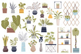 House plants isolated elements set. Bundle of domestic potted houseplant and blooming flowers, shelves with pots, hanging plants and other. Creator kit for illustration in flat cartoon design