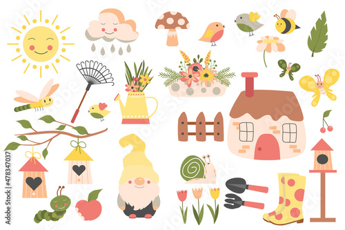 Gardening and Spring collection in flat design. House and fence, garden gnome, rubber boots, tools, flower bouquets, birds, sun and others isolated elements set. Illustration. Hand drawn style.