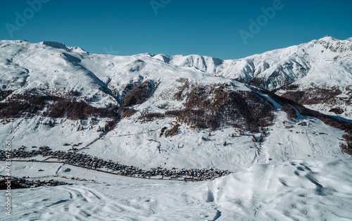 Panorama view of the town of Livigno, Lombardy in the Italian Alps seen from the slopes photo