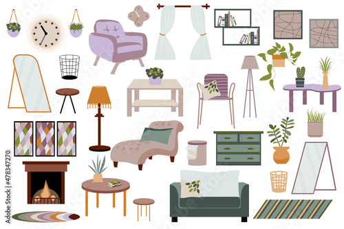 Scandinavian interior collection in flat design. Furniture for cozy room with armchairs, tables, houseplants, pictures, decor and others isolated elements set. Illustration. Hand drawn style.