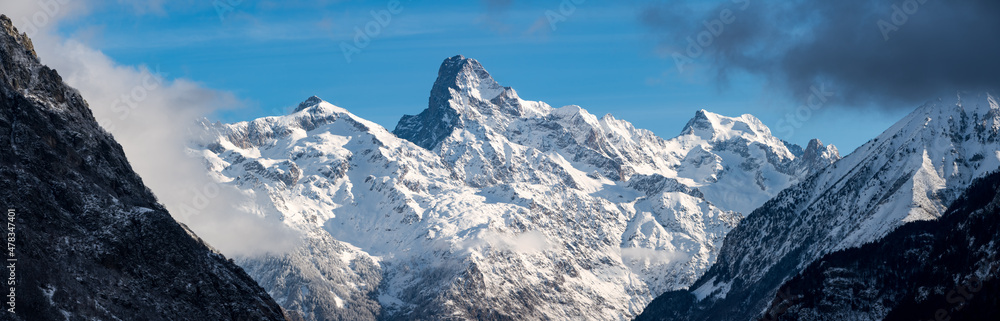 Obraz premium Ecrins National Park with panoramic winter view of The Olan Peak. Valgaudemar Valley (Champsaur) in the Hautes-Alpes region. Alps, France