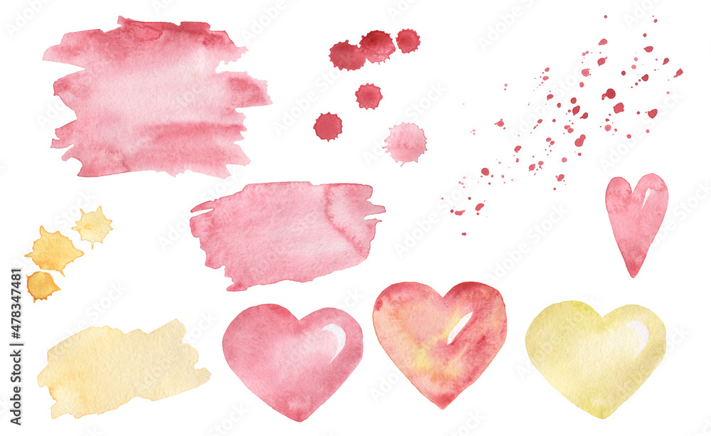 Pink Clipart, Watercolor Cute Love Day Hearts illistration,  pink background, yellow splashes, Kids Birthday Party, Valentines day, Baby Shower
