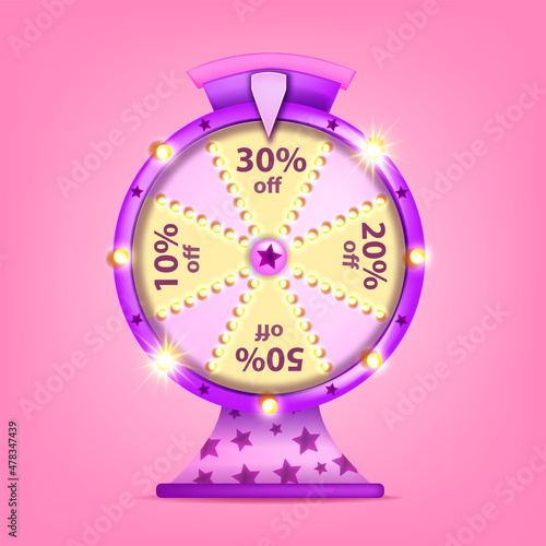 3D lucky lottery sale wheel game, vector roulette special offer fortune round jackpot, win concept. Gambling bet spin, customer loyalty program. Cartoon lucky wheel shopping isolated illustration
