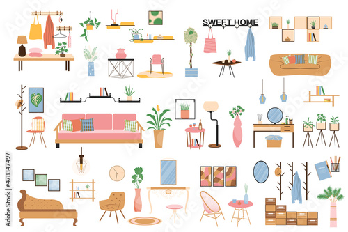 Interior and decor isolated elements set. Collection of sofa, armchair, lamp, tables, plants, carpets, chairs, shelves and other. Living room compositions. Illustration in flat cartoon design