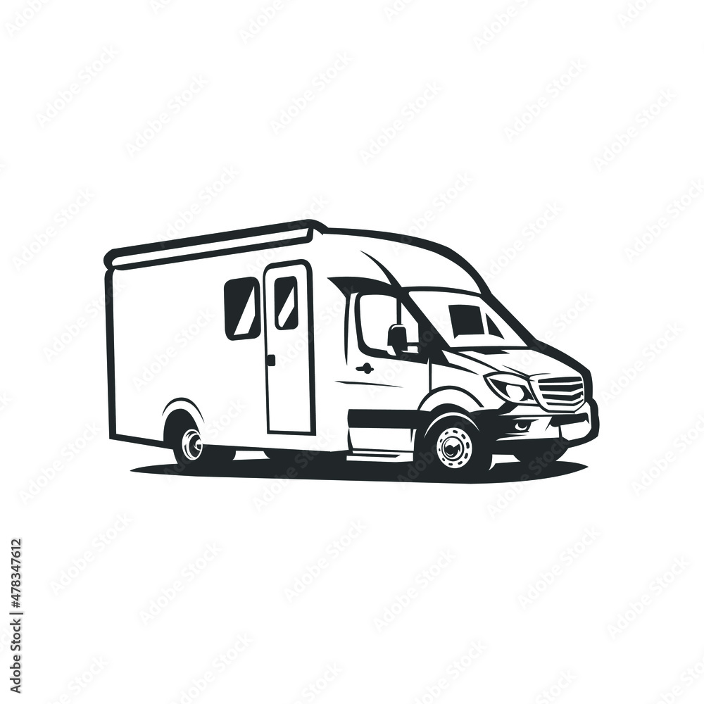 Camper van silhouette vector illustration. Ready made motorhome caravan RV vector isolated Camper van silhouette vector illustration. Ready made motorhome caravan RV vector isolated