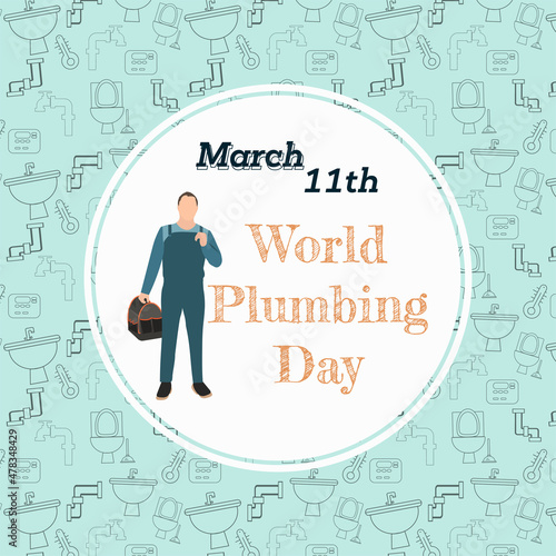 World Plumbing Day over Seamless pattern with plumber work construction tools.