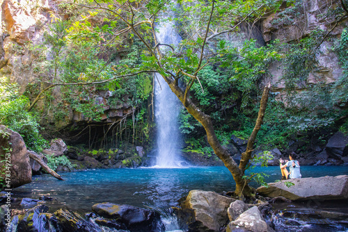 Fototapeta The Turquoise pool at La Cangreja Waterfall, Rincon de La Vieja National Park, G