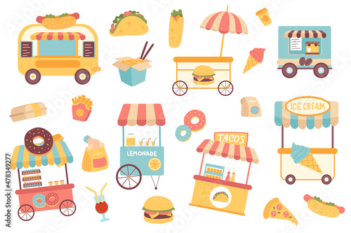 Fast food isolated objects set. Collection of food trucks street shops, donuts, tacos, ice cream, hot dogs, hamburger, pizza, coffee, lemonade. Illustration of design elements in flat cartoon