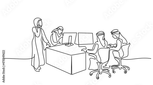 Young male and female muslim employees in office. Saudi Arabia cloth hijab, kandora, headscarf, ghutra