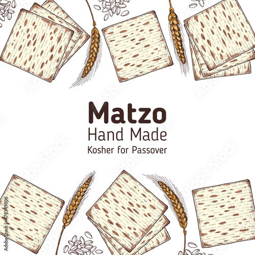 Matzo cooking and ingredients for matzo illustration. Middle eastern cuisine frame. Traditional passover food, design elements. Hand drawn, menu and package design. Jewish food.