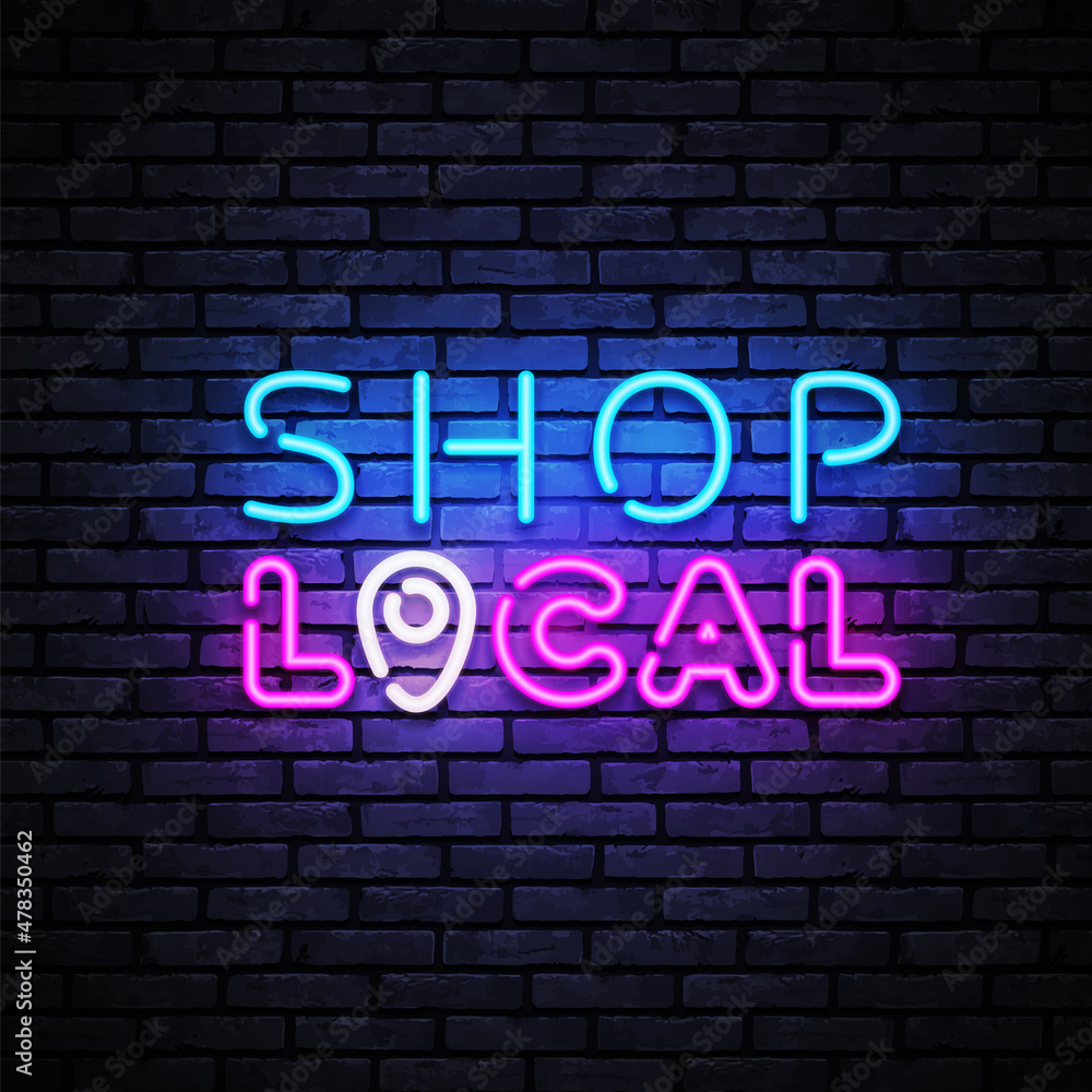 Fototapeta premium Shop local Neon Logo, great design for any purposes. Isolated vector illustration. Restaurant business concept, vector illustration
